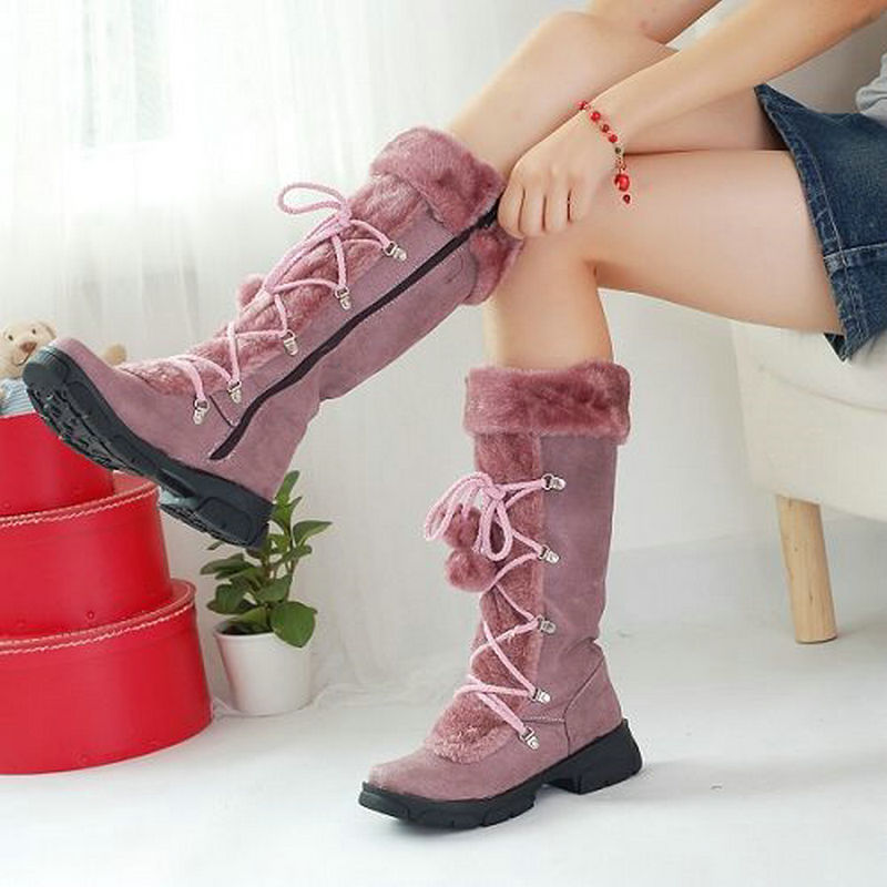 Women's Lace-Up Winter Boots with Faux Fur Trim, Pom-Pom Details, and Rugged Non-Slip Sole for Outdoor Snow and Cold Weather Wear