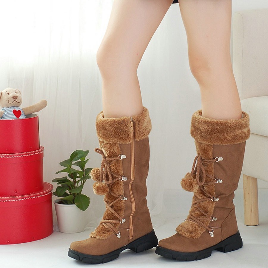 Women's Lace-Up Winter Boots with Faux Fur Trim, Pom-Pom Details, and Rugged Non-Slip Sole for Outdoor Snow and Cold Weather Wear