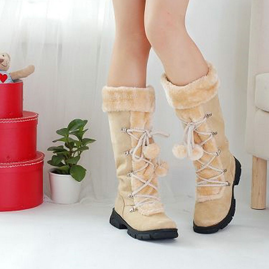 Women's Lace-Up Winter Boots with Faux Fur Trim, Pom-Pom Details, and Rugged Non-Slip Sole for Outdoor Snow and Cold Weather Wear