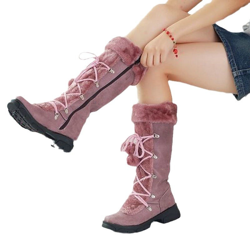 Women's Lace-Up Winter Boots with Faux Fur Trim, Pom-Pom Details, and Rugged Non-Slip Sole for Outdoor Snow and Cold Weather Wear