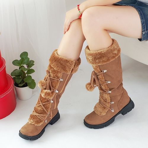 Women's Lace-Up Winter Boots with Faux Fur Trim, Pom-Pom Details, and Rugged Non-Slip Sole for Outdoor Snow and Cold Weather Wear
