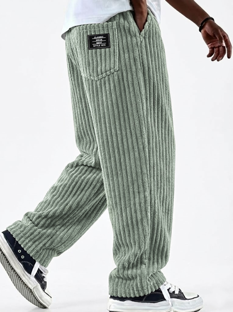 Men's Vintage Corduroy Textured Comfort Wide Striped Pants with Embroidered Minimalist Labels
