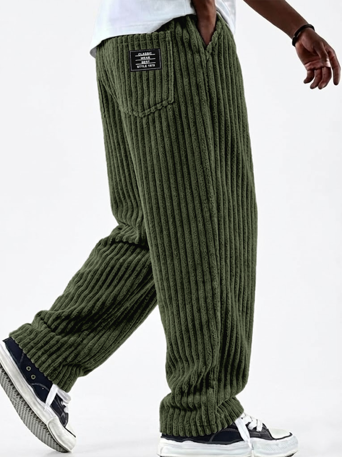 Men's Vintage Corduroy Textured Comfort Wide Striped Pants with Embroidered Minimalist Labels