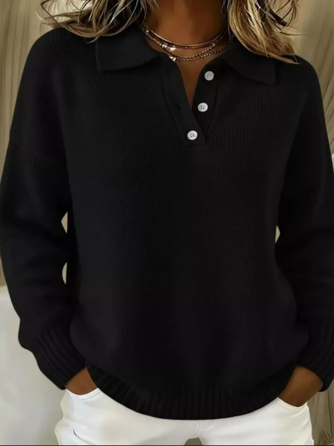 Women’s Textured Knit Polo Sweater – Soft, Elegant & Effortlessly Chic