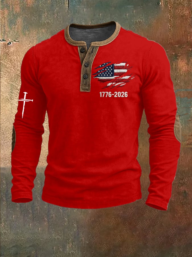 Men's US 250th Anniversary 1776-2026 Henley Collar Top – Distressed Flag Print & Cross Detail Long Sleeve Shirt