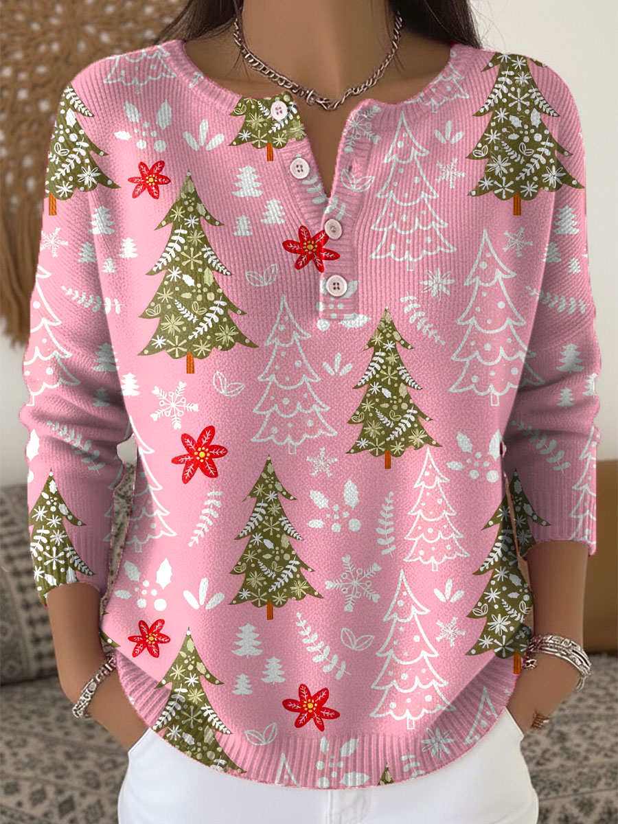 Women's Christmas Tree Pattern Art Print Buttoned Cardigan Sweater