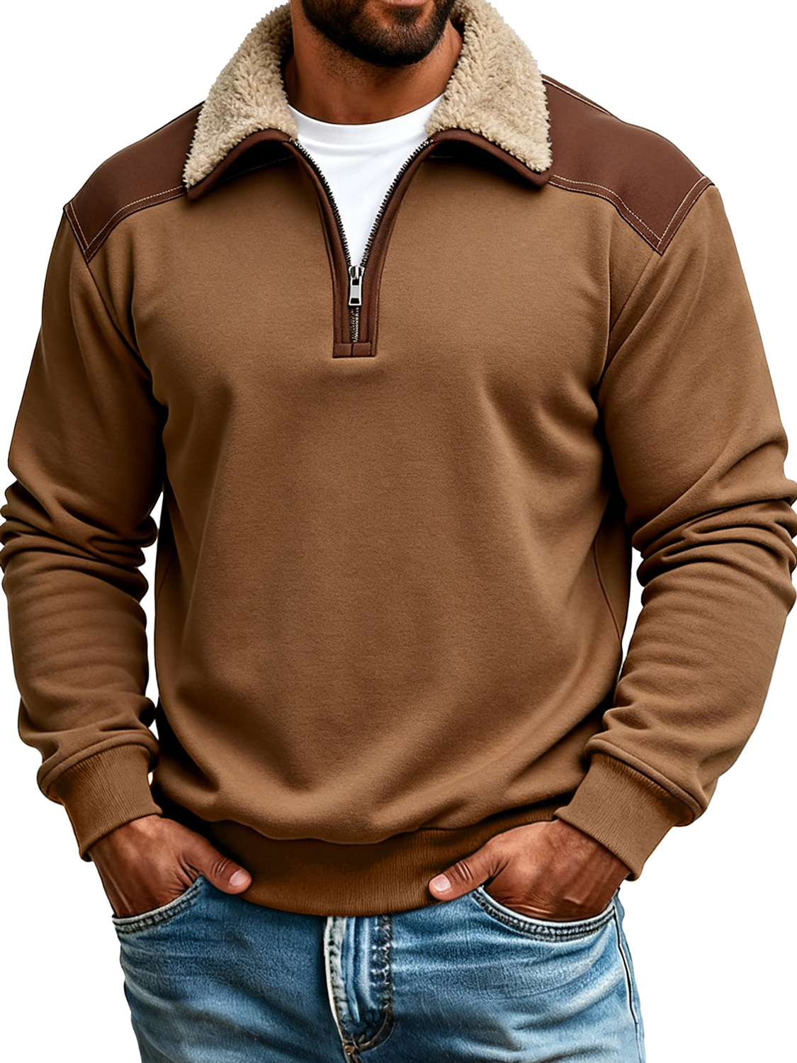 Retro color-blocked collared zip-up long-sleeved polo shirt