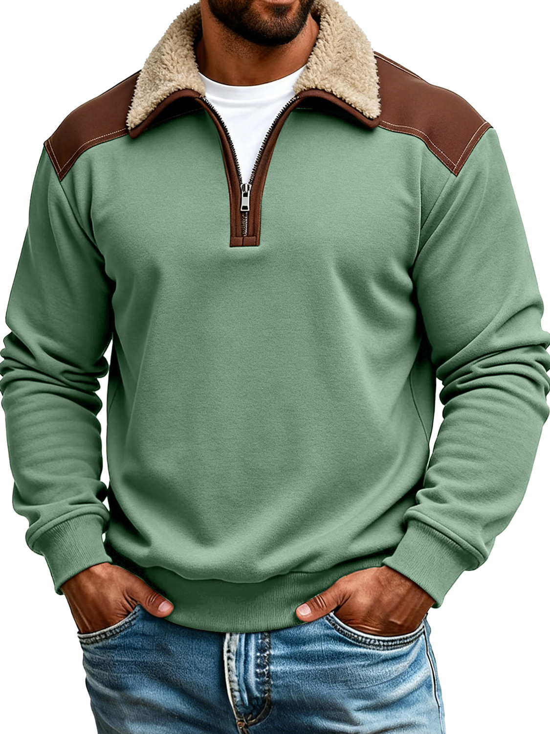 Retro color-blocked collared zip-up long-sleeved polo shirt