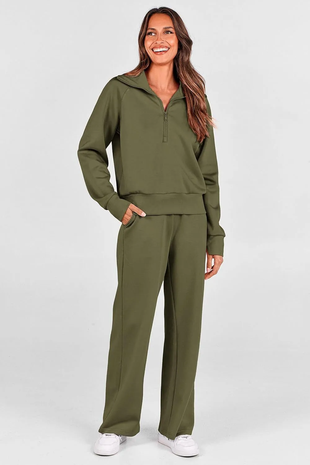 🔥Final Day Clearance!🛒Women's 2 Piece Outfits Casual Lapel Half Zip Sweatshirts And Wide Leg Pants Tracksuit Sets🔥8-PACK ONLY $28🔥