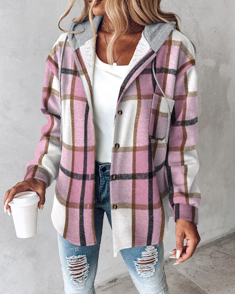 Plaid Pattern Long Sleeve Shacket Button Down Fleece Lined Hooded Jackets Warm Coat