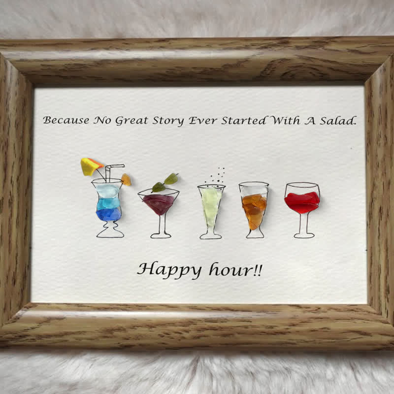Happy Hour Colourful Sea Glass Framed Art Gift For Cocktail Lover