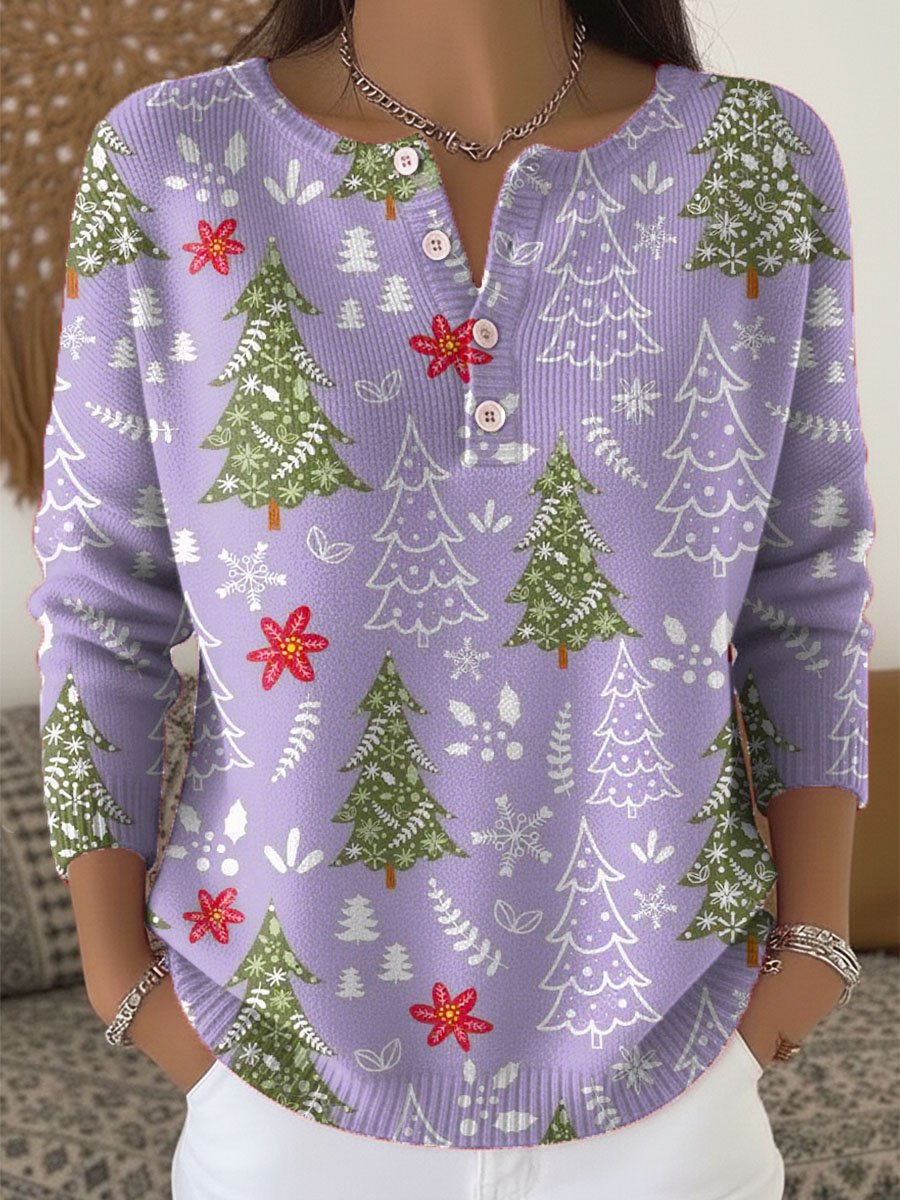 Women's Christmas Tree Pattern Art Print Buttoned Cardigan Sweater