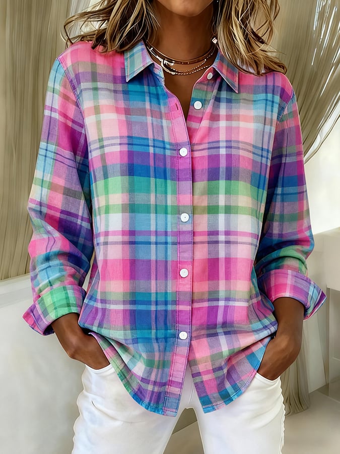 Women's Casual Retro Pink Plaid Shirt