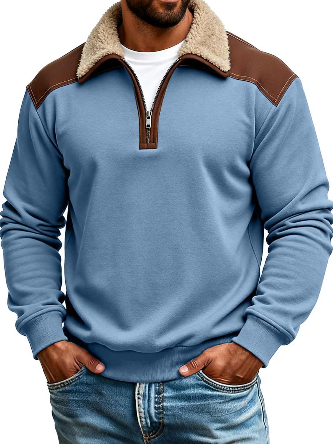 Retro color-blocked collared zip-up long-sleeved polo shirt