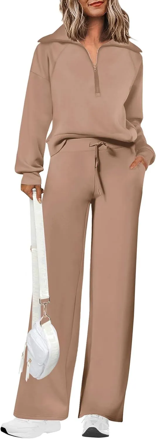 🔥Final Day Clearance!🛒Women's 2 Piece Outfits Casual Lapel Half Zip Sweatshirts And Wide Leg Pants Tracksuit Sets🔥8-PACK ONLY $28🔥