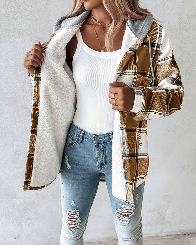 Plaid Pattern Long Sleeve Shacket Button Down Fleece Lined Hooded Jackets Warm Coat