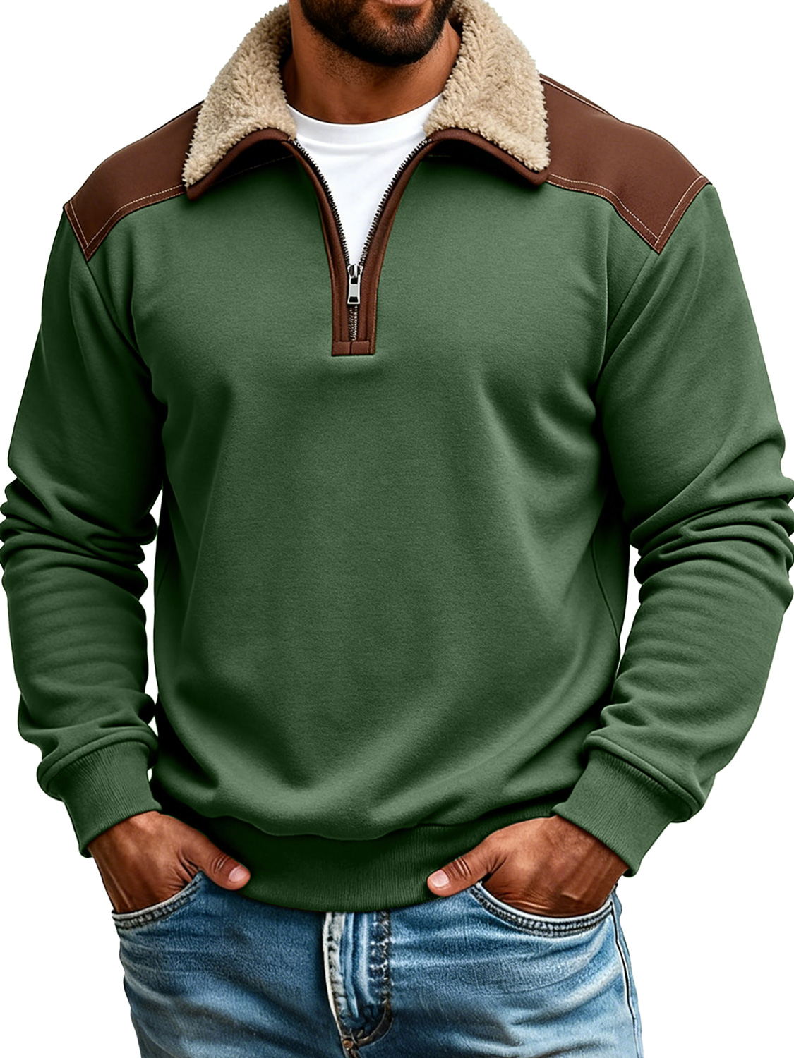Retro color-blocked collared zip-up long-sleeved polo shirt