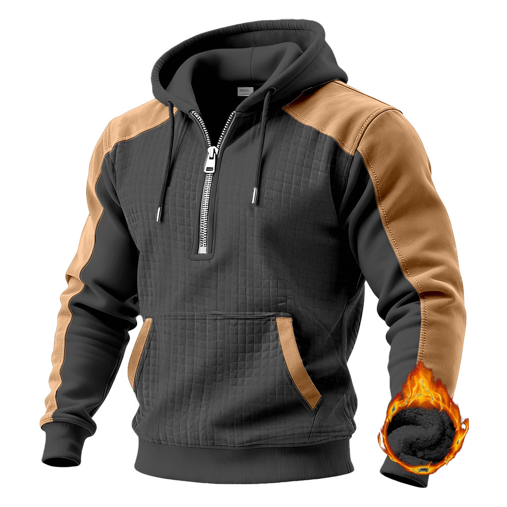 Cross-Border New Autumn And Winter Men'S Color Block Hoodie Fleece Warm Tactical Sweatshirt Pullover Zipper Long Sleeve Men'S Clothing