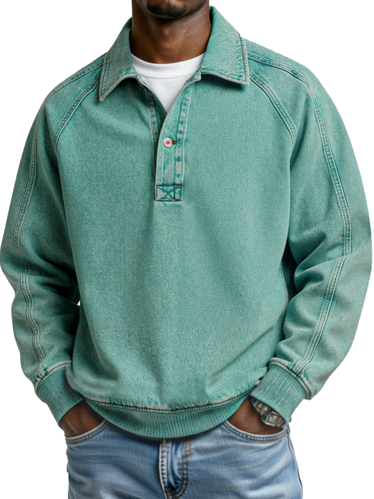 Retro Solid Color Patchwork Design Button Lapel Long-sleeved Polo Shirt