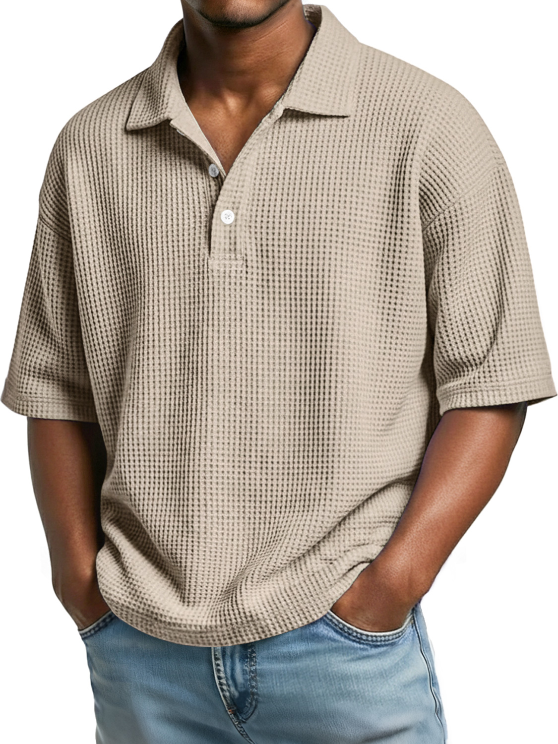 Mens Simple Waffle Knit Collar Button-Up Casual Short Sleeve Polo Shirt