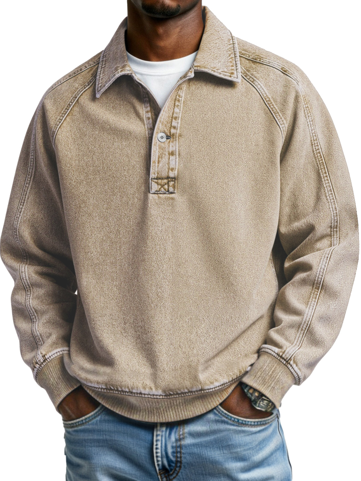 Retro Solid Color Patchwork Design Button Lapel Long-sleeved Polo Shirt