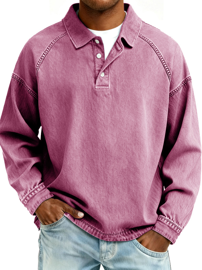  Men's Retro Fashion Distressed Raglan Sleeve Lapel Long-Sleeve Polo Shirt