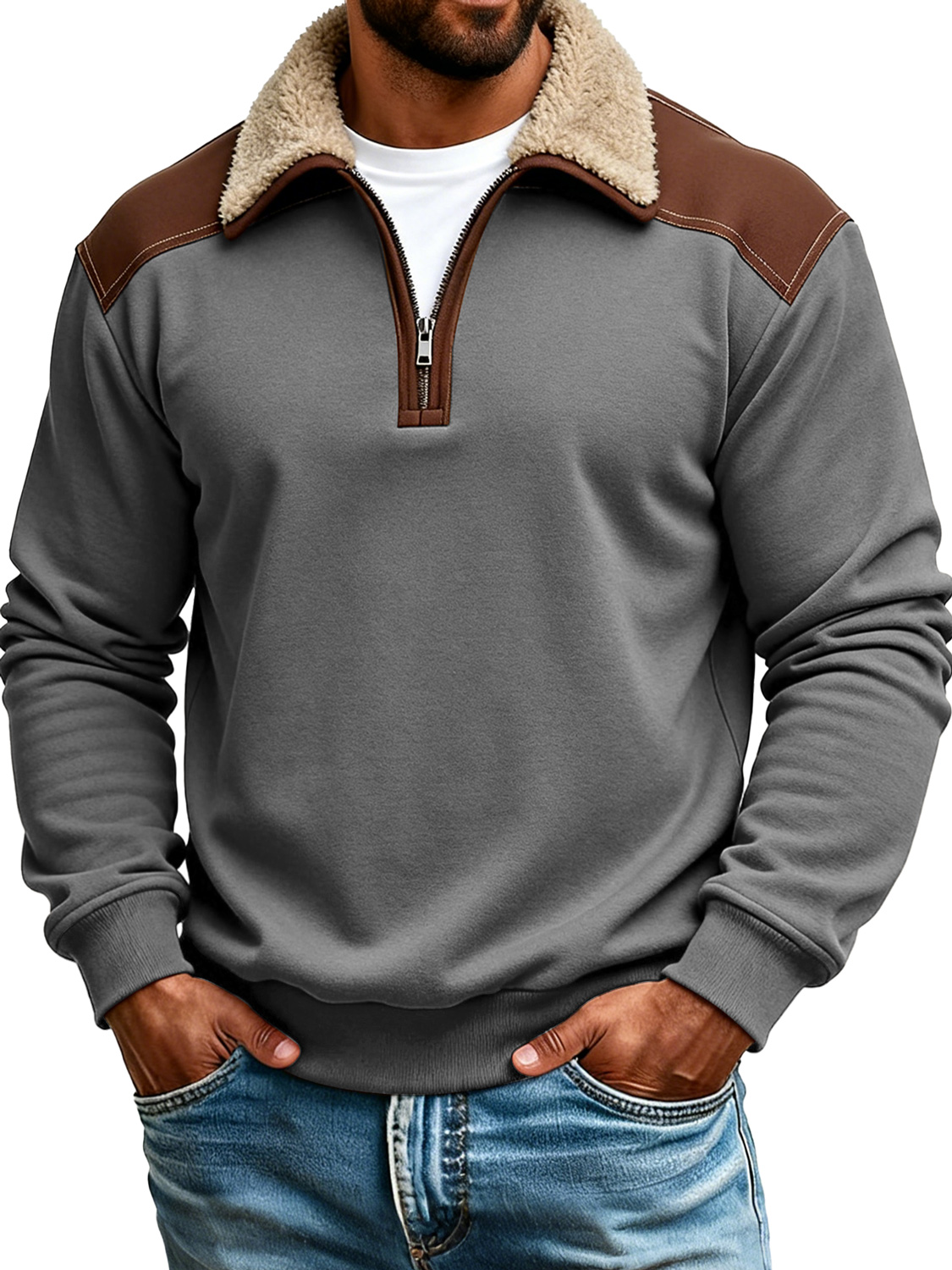 Retro color-blocked collared zip-up long-sleeved polo shirt