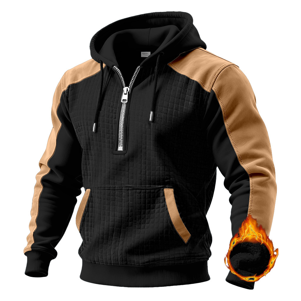 Cross-Border New Autumn And Winter Men'S Color Block Hoodie Fleece Warm Tactical Sweatshirt Pullover Zipper Long Sleeve Men'S Clothing