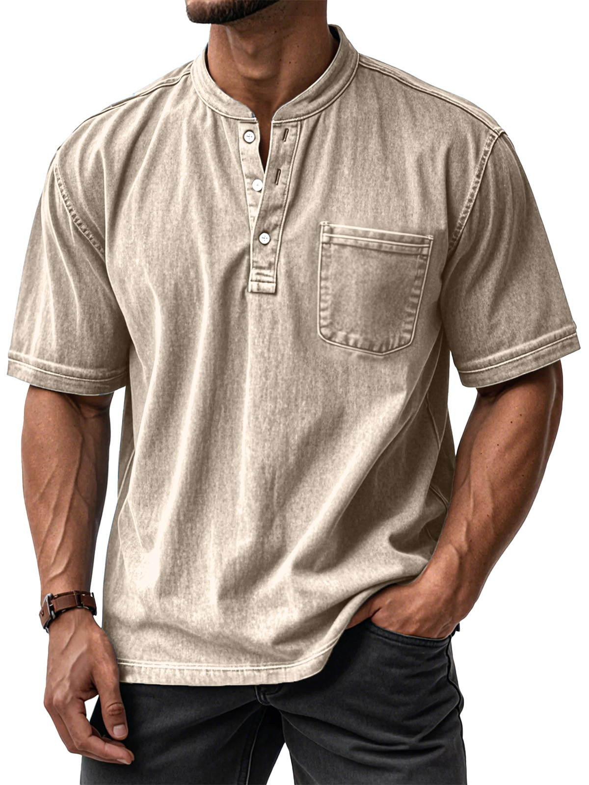 ⏰ TODAY ONLY🔥Clearance Sale!🔥 Men's Casual Solid Color Vintage Loose Pocket Short Sleeve Button-down Henley Shirt