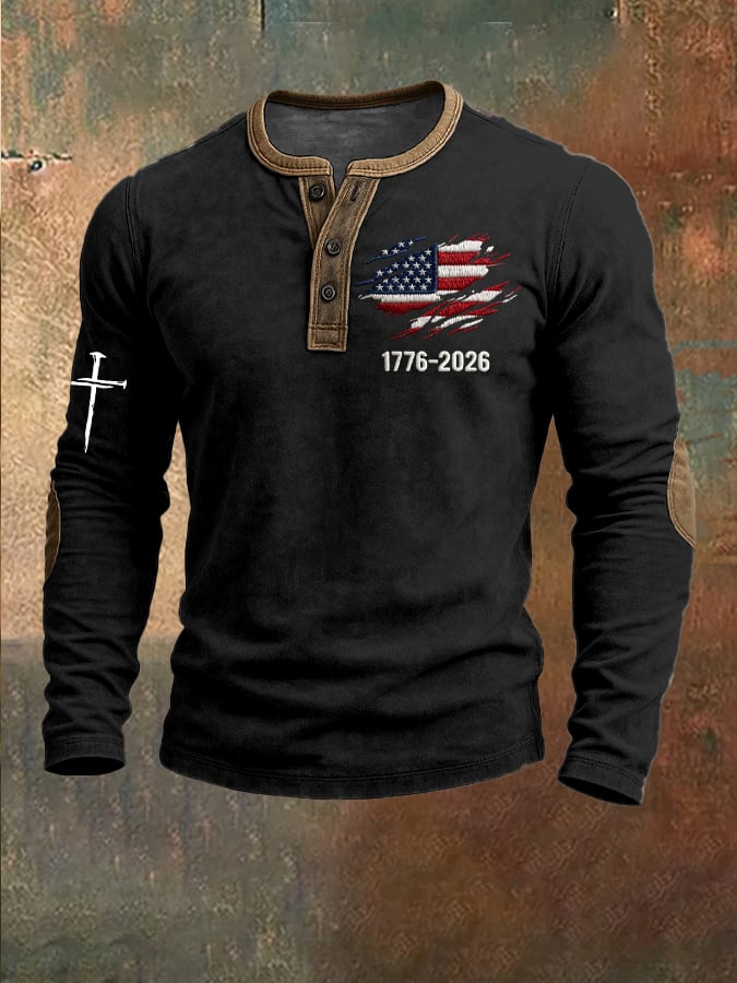 Men's US 250th Anniversary 1776-2026 Henley Collar Top – Distressed Flag Print & Cross Detail Long Sleeve Shirt