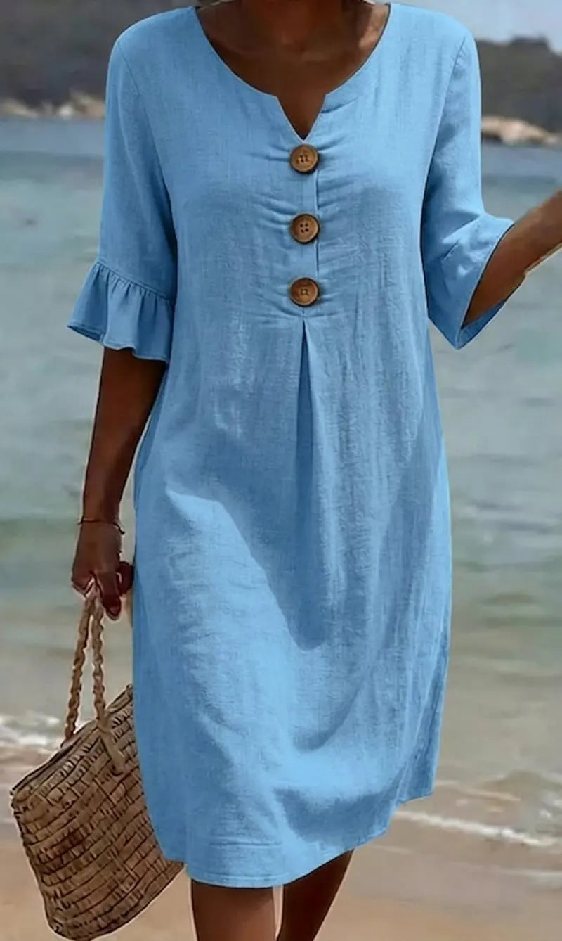 🎁New Arrival: Women's Cotton-Linen Summer Dress — Loose-Fit Button-Down Style