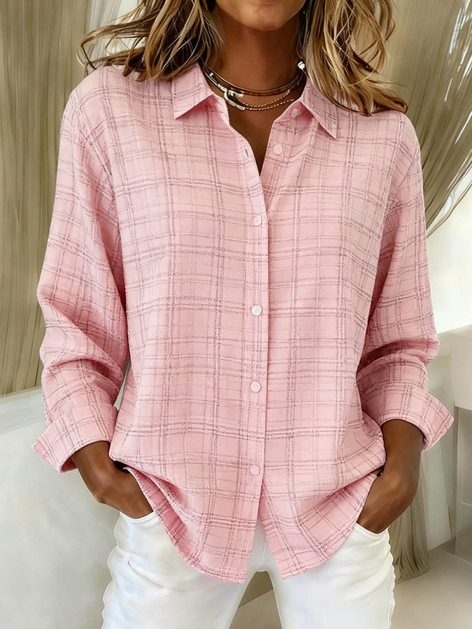 Women's casual autumn and winter pink plaid long-sleeved shirt