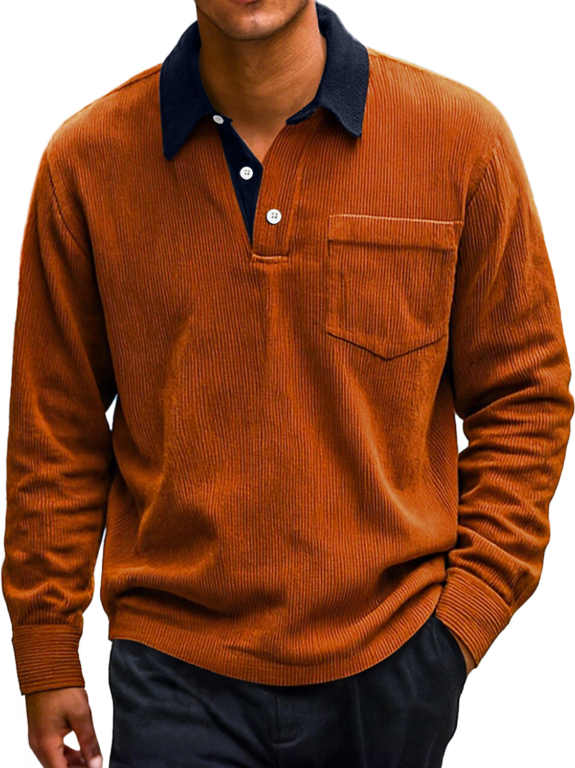 Men's Retro Corduroy Lapel Colorblock Casual Long-sleeved Polo Shirt