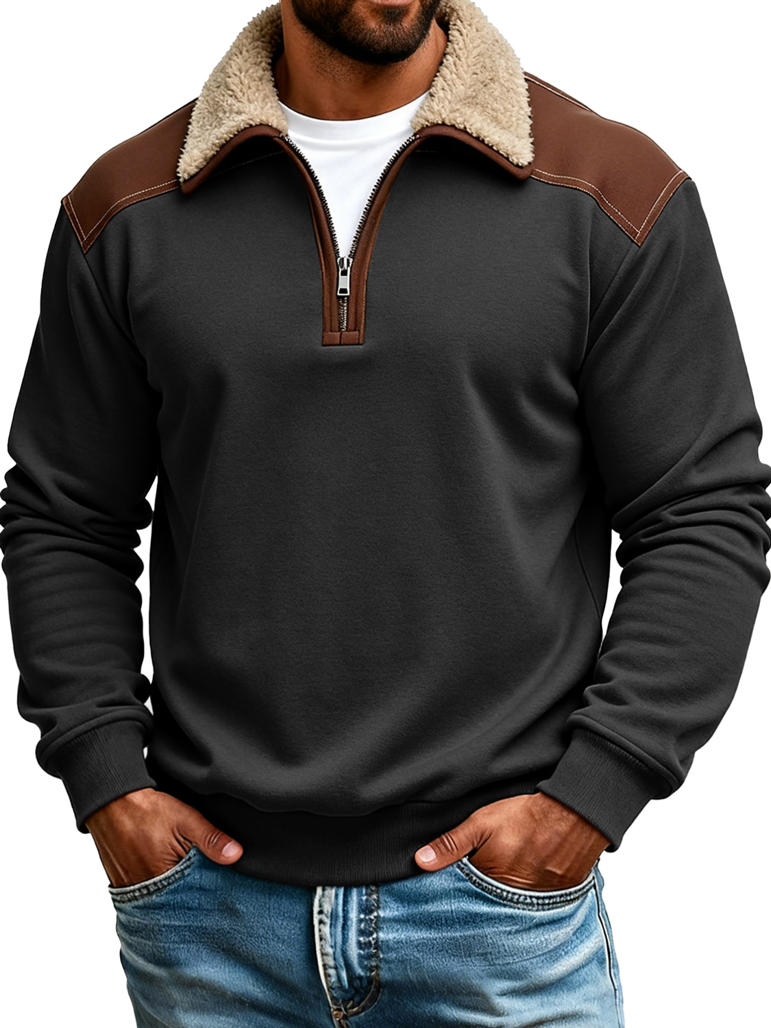 Retro color-blocked collared zip-up long-sleeved polo shirt