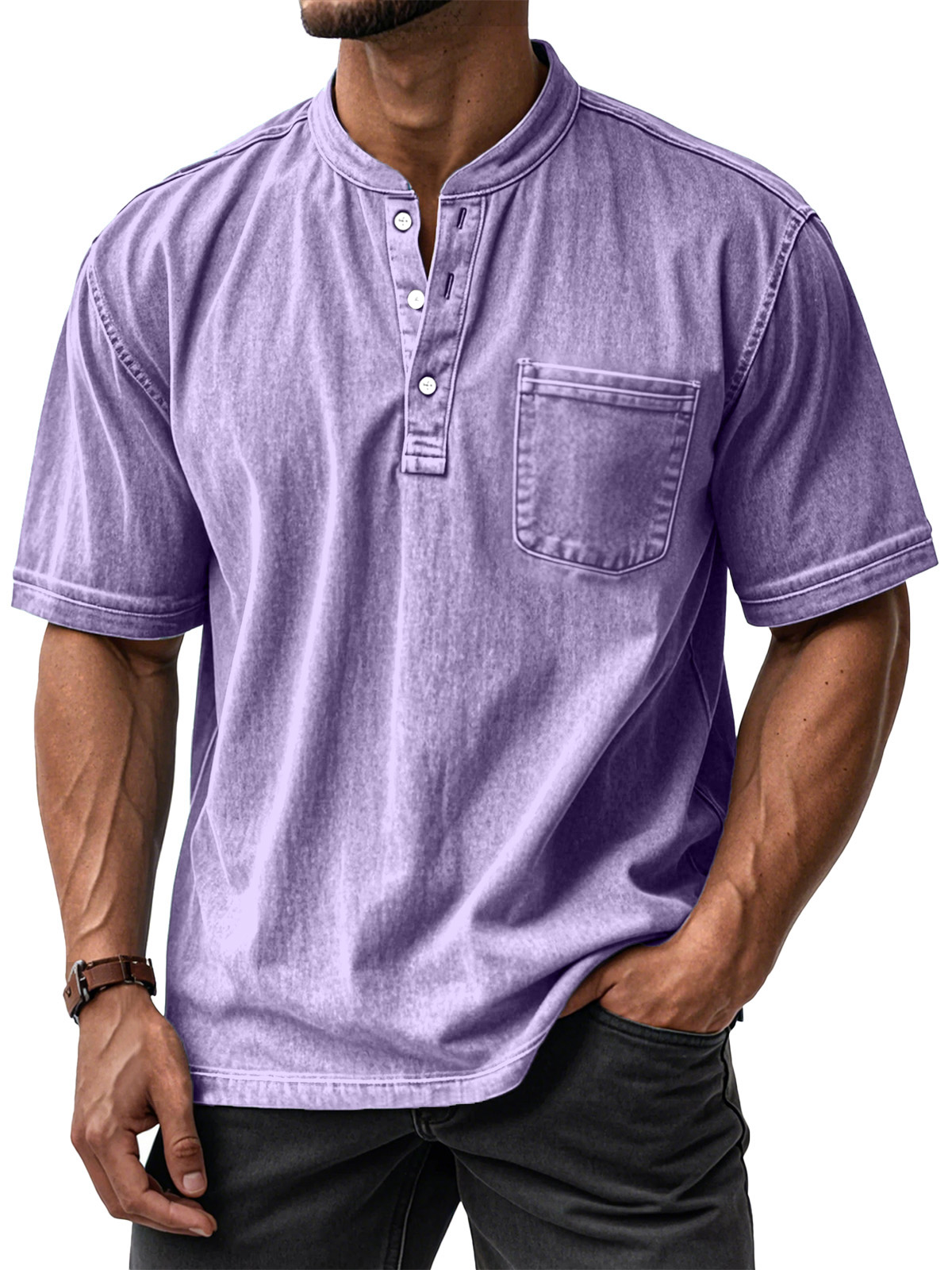 ⏰ TODAY ONLY🔥Clearance Sale!🔥 Men's Casual Solid Color Vintage Loose Pocket Short Sleeve Button-down Henley Shirt