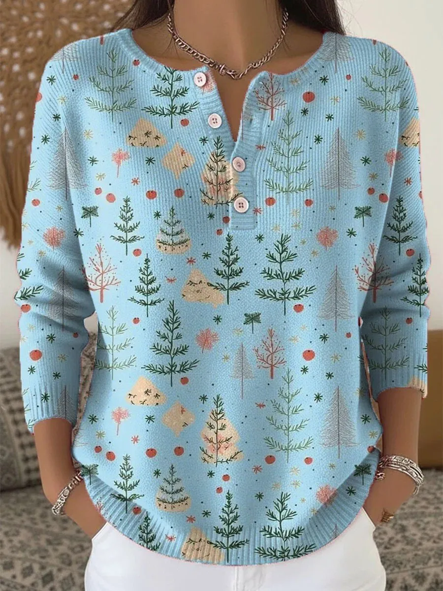 Women's Christmas Tree Pattern Art Print Buttoned Cardigan Sweater