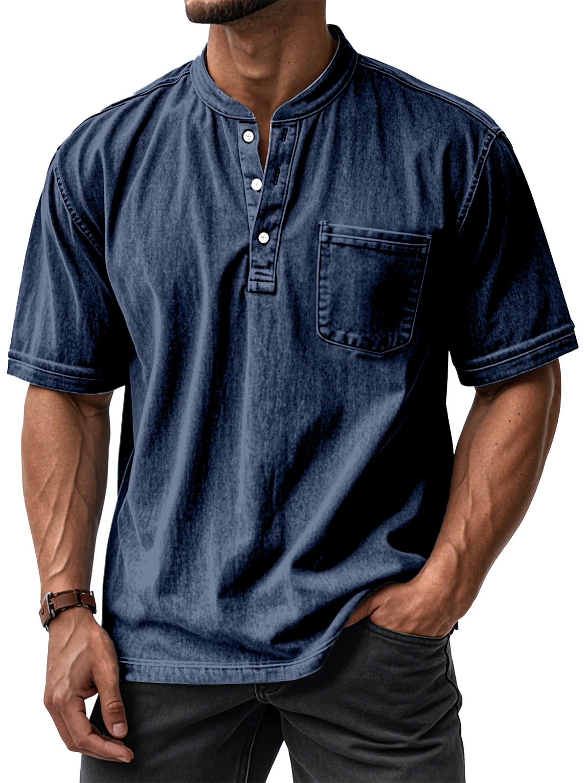 ⏰ TODAY ONLY🔥Clearance Sale!🔥 Men's Casual Solid Color Vintage Loose Pocket Short Sleeve Button-down Henley Shirt