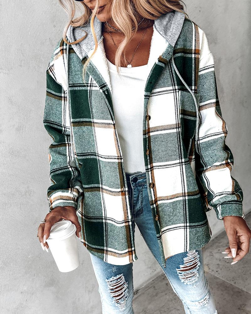Plaid Pattern Long Sleeve Shacket Button Down Fleece Lined Hooded Jackets Warm Coat