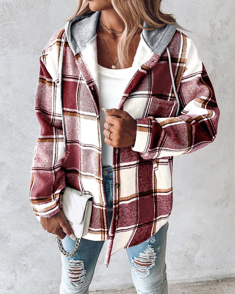Plaid Pattern Long Sleeve Shacket Button Down Fleece Lined Hooded Jackets Warm Coat
