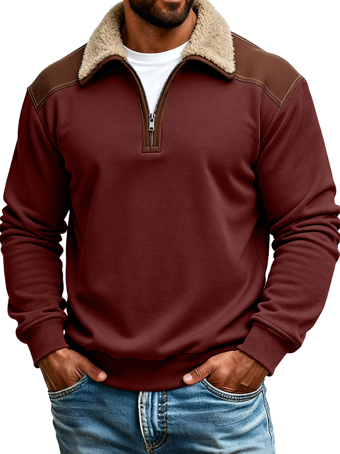 Retro color-blocked collared zip-up long-sleeved polo shirt