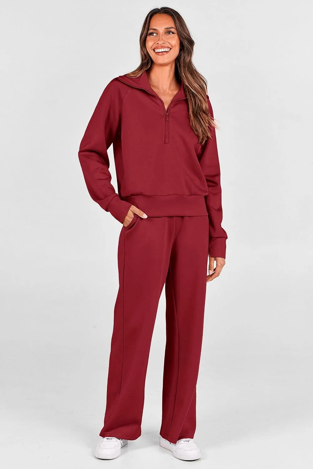 🔥Final Day Clearance!🛒Women's 2 Piece Outfits Casual Lapel Half Zip Sweatshirts And Wide Leg Pants Tracksuit Sets🔥8-PACK ONLY $28🔥