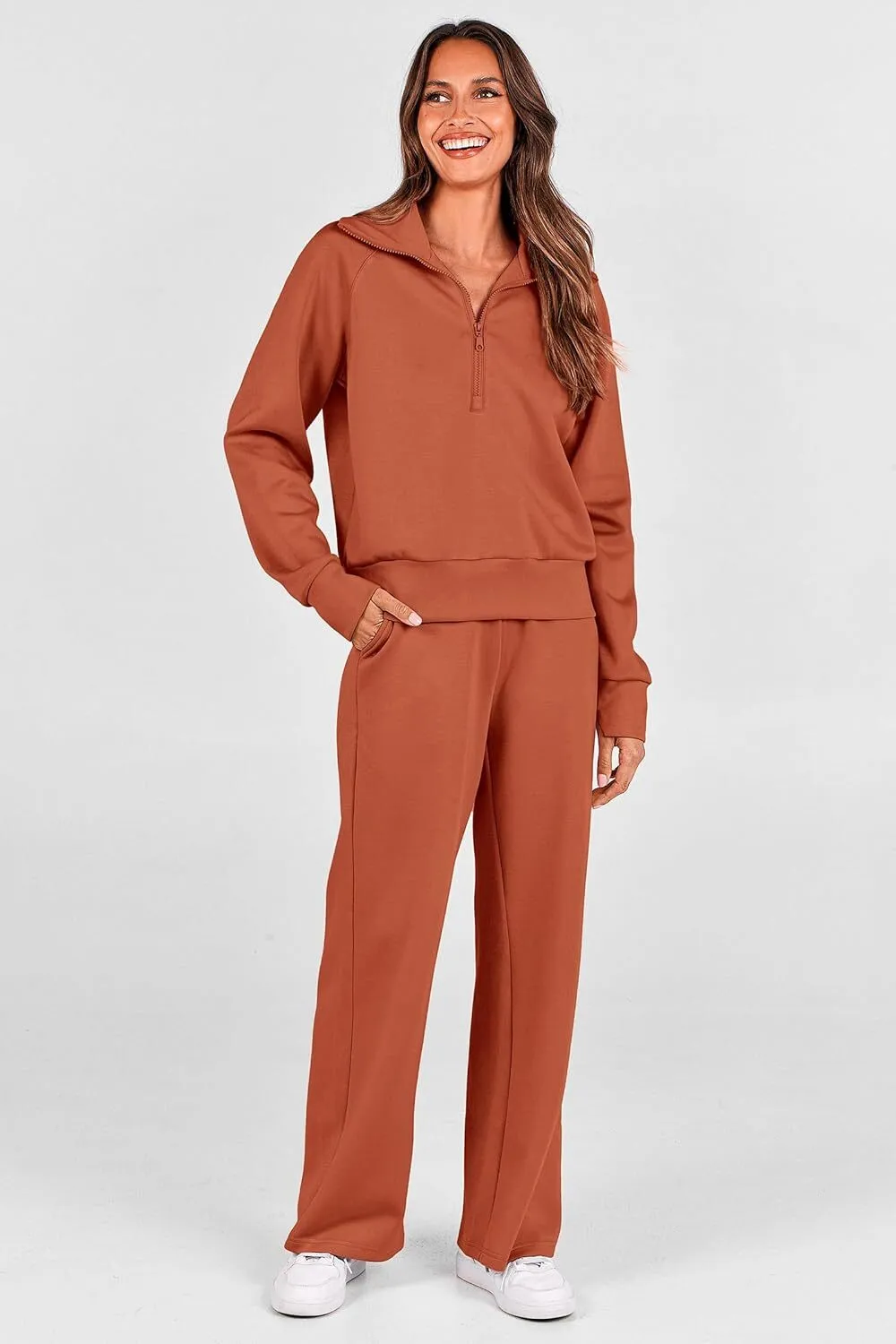 🔥Final Day Clearance!🛒Women's 2 Piece Outfits Casual Lapel Half Zip Sweatshirts And Wide Leg Pants Tracksuit Sets🔥8-PACK ONLY $28🔥