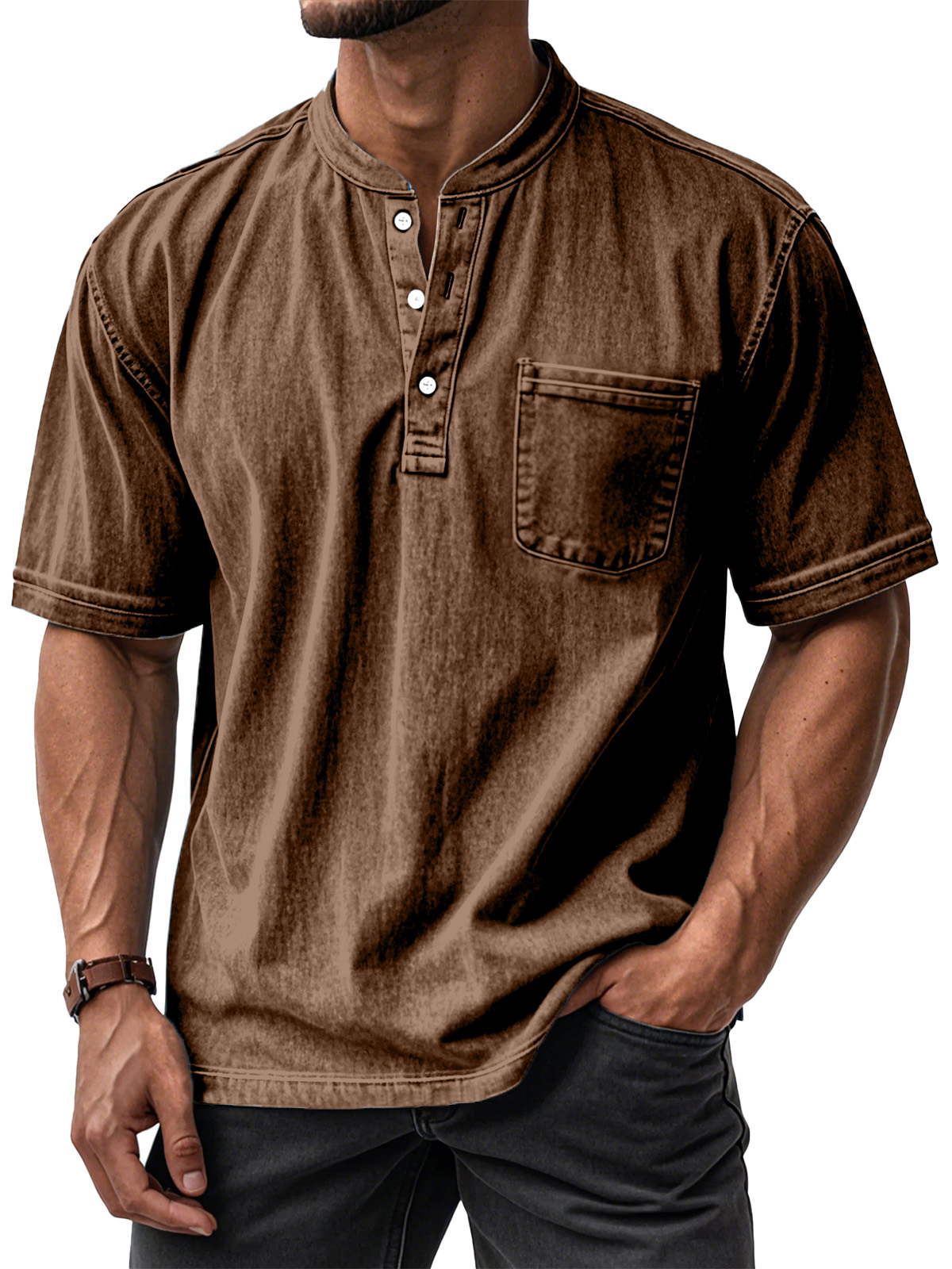 ⏰ TODAY ONLY🔥Clearance Sale!🔥 Men's Casual Solid Color Vintage Loose Pocket Short Sleeve Button-down Henley Shirt