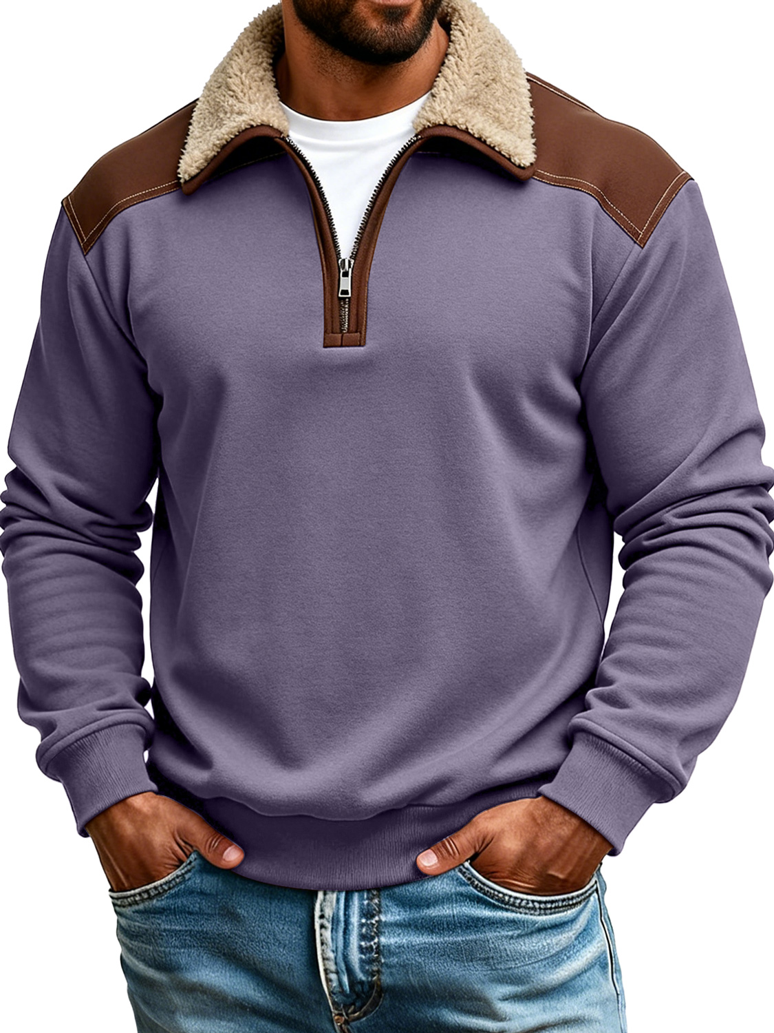 Retro color-blocked collared zip-up long-sleeved polo shirt