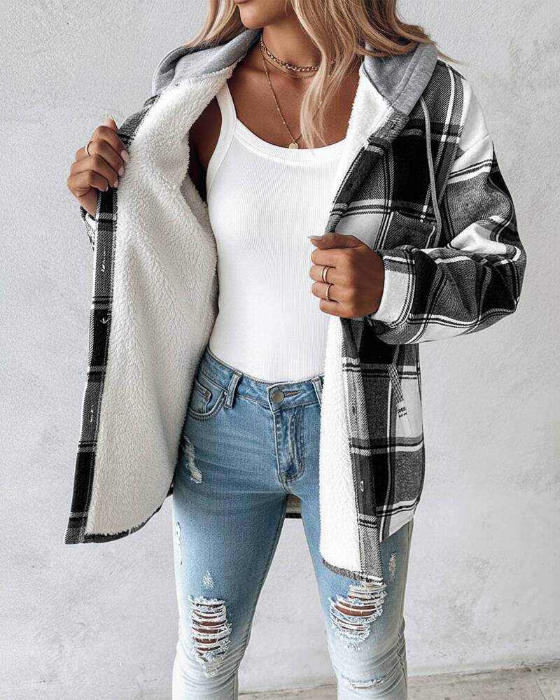 Plaid Pattern Long Sleeve Shacket Button Down Fleece Lined Hooded Jackets Warm Coat