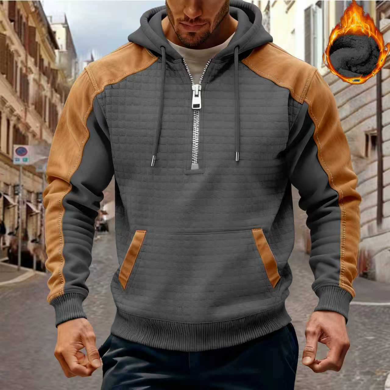 Cross-Border New Autumn And Winter Men'S Color Block Hoodie Fleece Warm Tactical Sweatshirt Pullover Zipper Long Sleeve Men'S Clothing