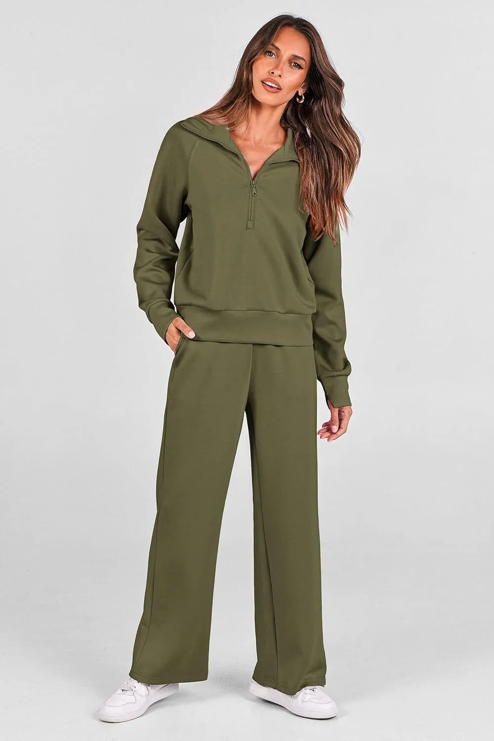 🔥Final Day Clearance!🛒Women's 2 Piece Outfits Casual Lapel Half Zip Sweatshirts And Wide Leg Pants Tracksuit Sets🔥8-PACK ONLY $28🔥