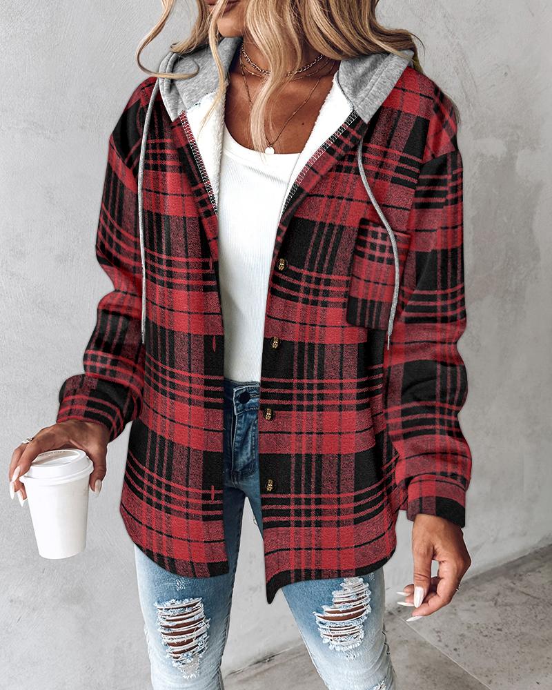 Plaid Pattern Long Sleeve Shacket Button Down Fleece Lined Hooded Jackets Warm Coat