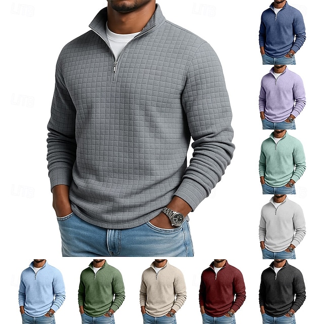 Men's Waffle Tee T Shirt Quarter Zip Tee Long Sleeve Stand Collar Fall Winter Spring &  Fall Solid Color Knitwear Daily Casual Zip Up Outdoor Causal Casual Navy Black White Top Tee for Men