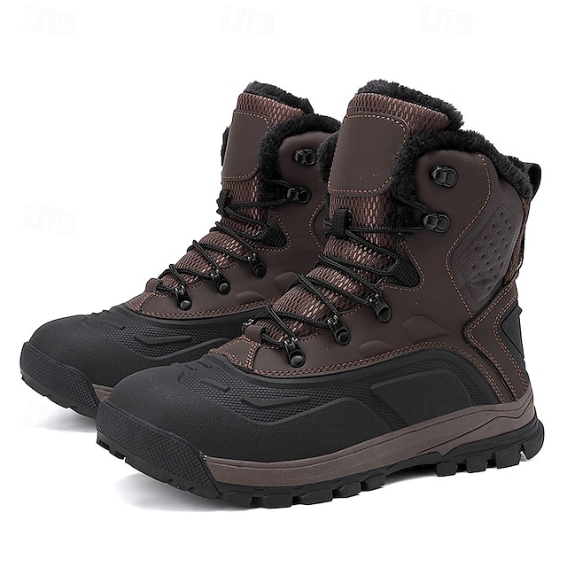 Men's Brown Waterproof Snow Boots with Warm Fleece Lining and Non-Slip Sole, Outdoor Winter Hiking Boots for Cold Weather and Snowy Terrain